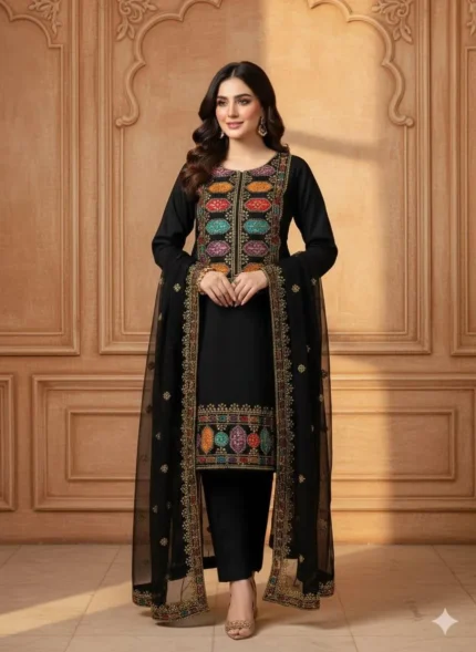 Embroidered 3-Piece Suit Black Sequin