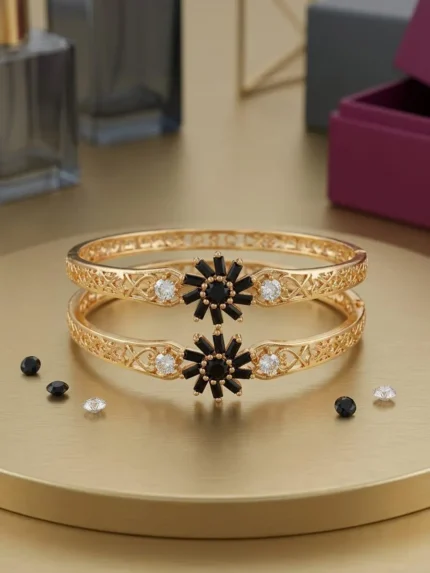 Gold Plated Crystal Kara Bangle 2 Pcs Modern Design